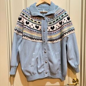 Free People Emily Fair Isle Blue Heart Knit Cardigan Sweater Sweatshirt Small
